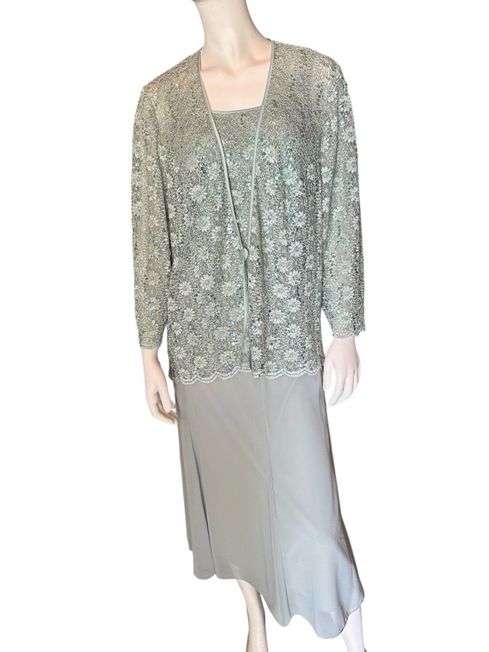 Alex Evenings 3 PC Sequin & Lined Chiffon Formal Outfit Sage Green Size 1X EUC